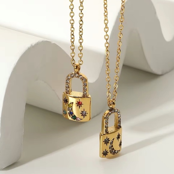 ◾️18K Gold Plated Cubic Zirconia Paved Small Lock Pendant Necklace - Picture 2 of 10